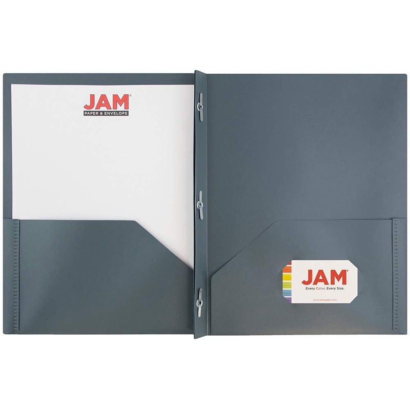 JAM PAPER Plastic Color POP Folders - 2 Pocket Durable Folders with Metal Prongs Fastener Clasps - Grey - 6/Pack - Image 3