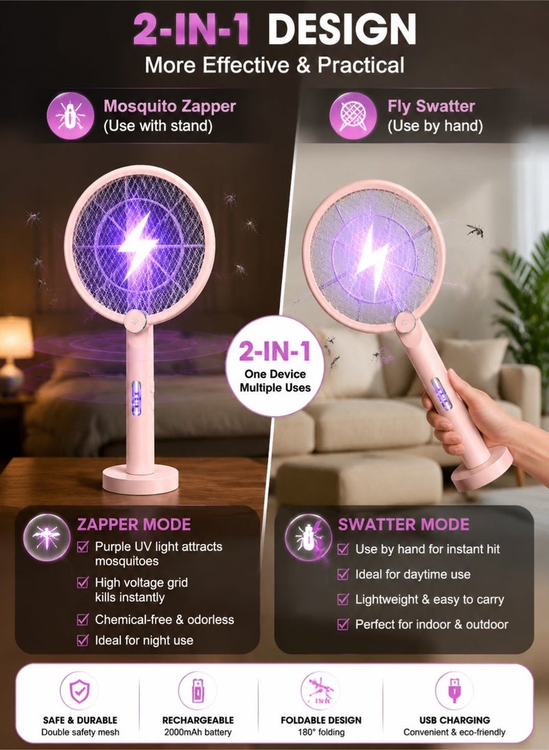DP Rechargeable Electric Fly Swatter 3000V Bug Zapper Racket with LED Light – 2-in-1 Handheld Mosquito & Fly Killer for Indoor & Outdoor Use Foldable Design - Image 3