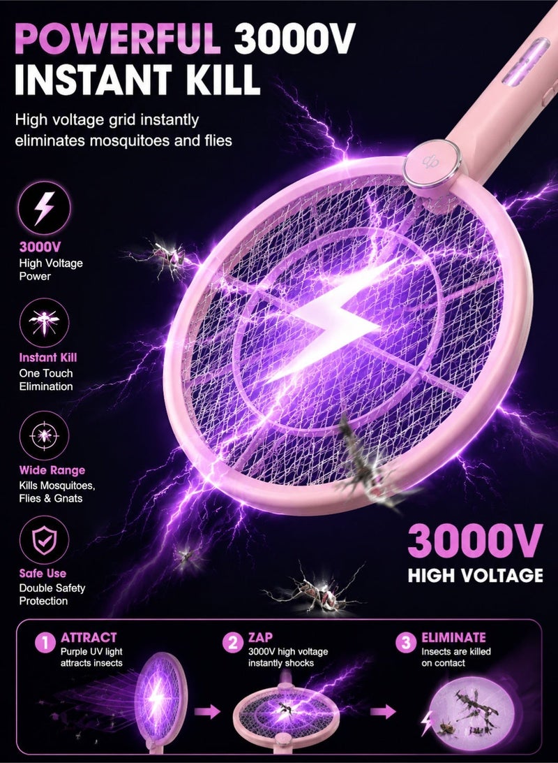 DP Rechargeable Electric Fly Swatter 3000V Bug Zapper Racket with LED Light – 2-in-1 Handheld Mosquito & Fly Killer for Indoor & Outdoor Use Foldable Design - Image 2