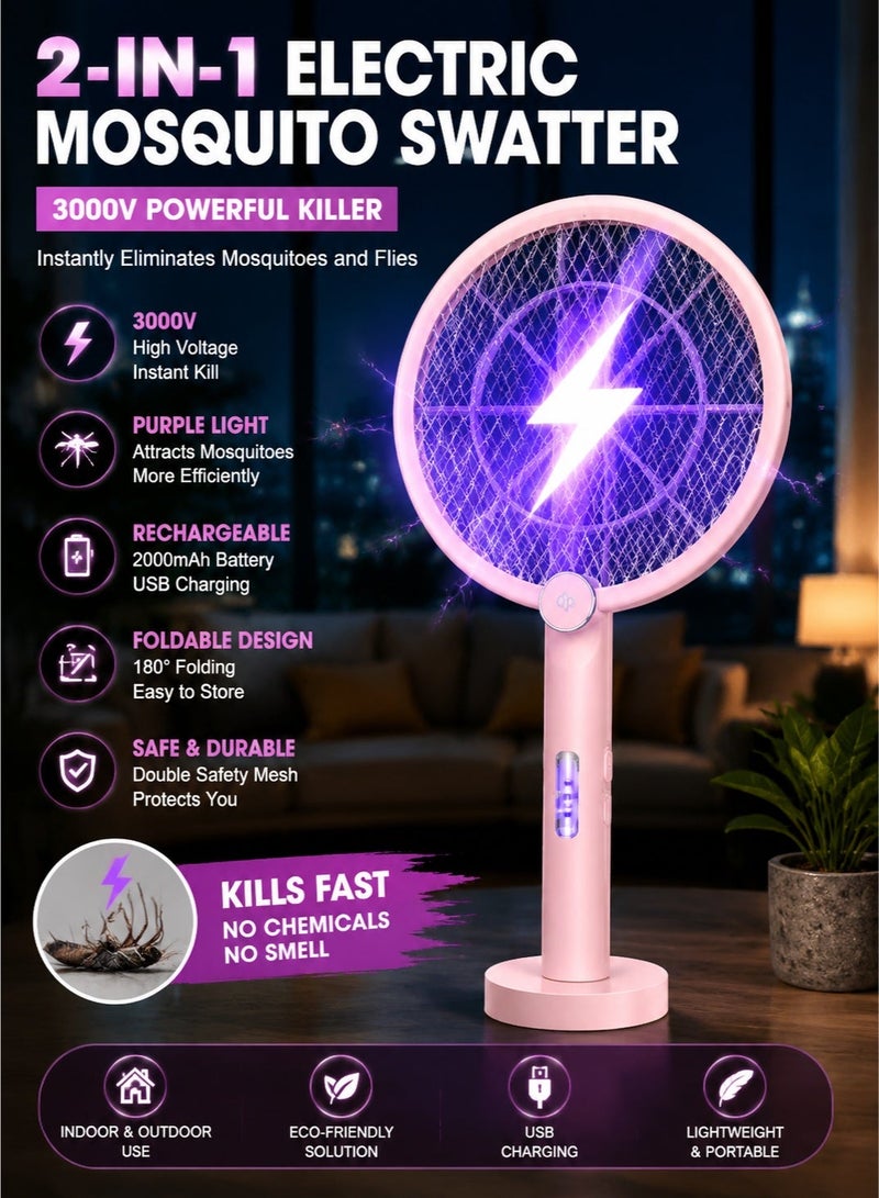 DP Rechargeable Electric Fly Swatter 3000V Bug Zapper Racket with LED Light – 2-in-1 Handheld Mosquito & Fly Killer for Indoor & Outdoor Use Foldable Design - Image 1