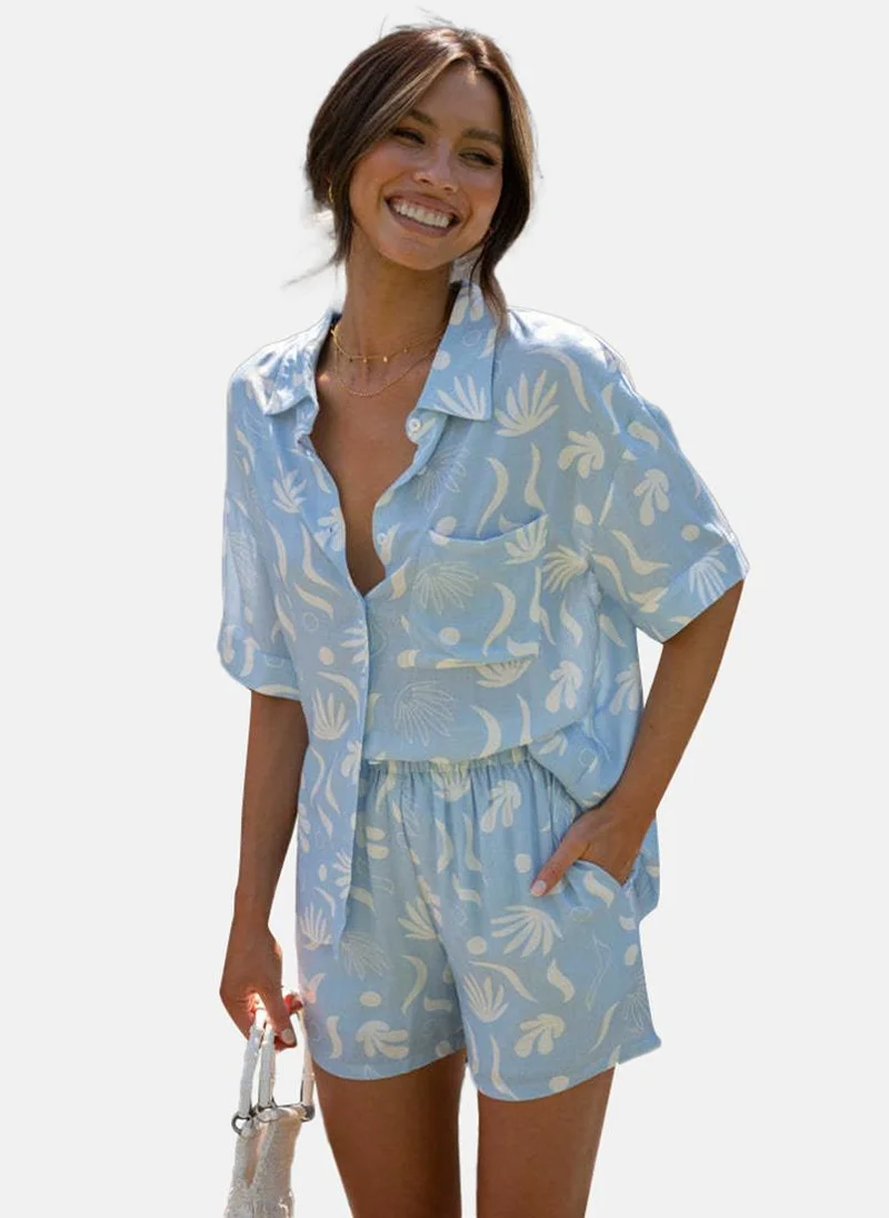 يونيكي Light Blue Collared Tropical Print Shirt with Shorts