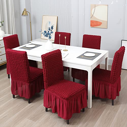 HOKIPO Polyester Stretchable Bubble Dining Table Chair Cover with Frill Set of 4 (Ar-4616-B5*4, Red) - Image 3