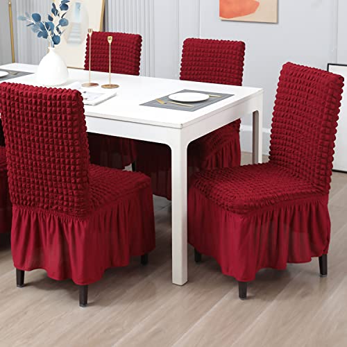 HOKIPO Polyester Stretchable Bubble Dining Table Chair Cover with Frill Set of 4 (Ar-4616-B5*4, Red) - Image 2