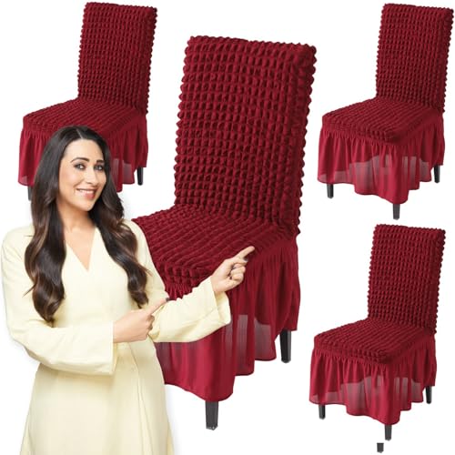 HOKIPO Polyester Stretchable Bubble Dining Table Chair Cover with Frill Set of 4 (Ar-4616-B5*4, Red) - Image 1