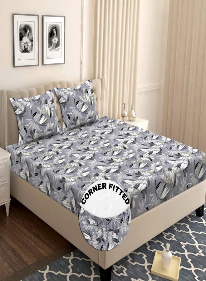 VAS COLLECTIONS Premium Cotton Elastic Fitted Double Bedsheet Set - 160-210 TC, 72 x 68 + 6 Inches | Wrinkle-Free, Breathable, Floral Print with 2 Pillow Covers | Corner Fitted Sheet (Black & Grey) - Image 5
