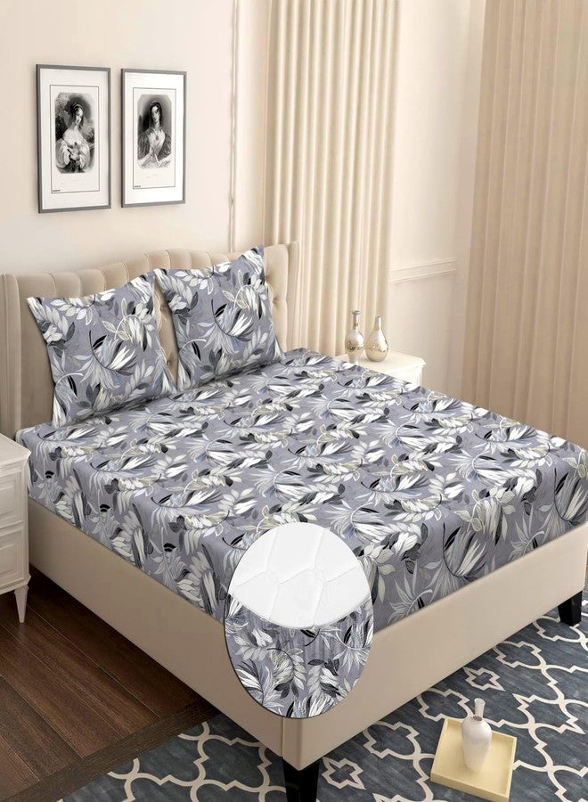 VAS COLLECTIONS Premium Cotton Elastic Fitted Double Bedsheet Set - 160-210 TC, 72 x 68 + 6 Inches | Wrinkle-Free, Breathable, Floral Print with 2 Pillow Covers | Corner Fitted Sheet (Black & Grey) - Image 1
