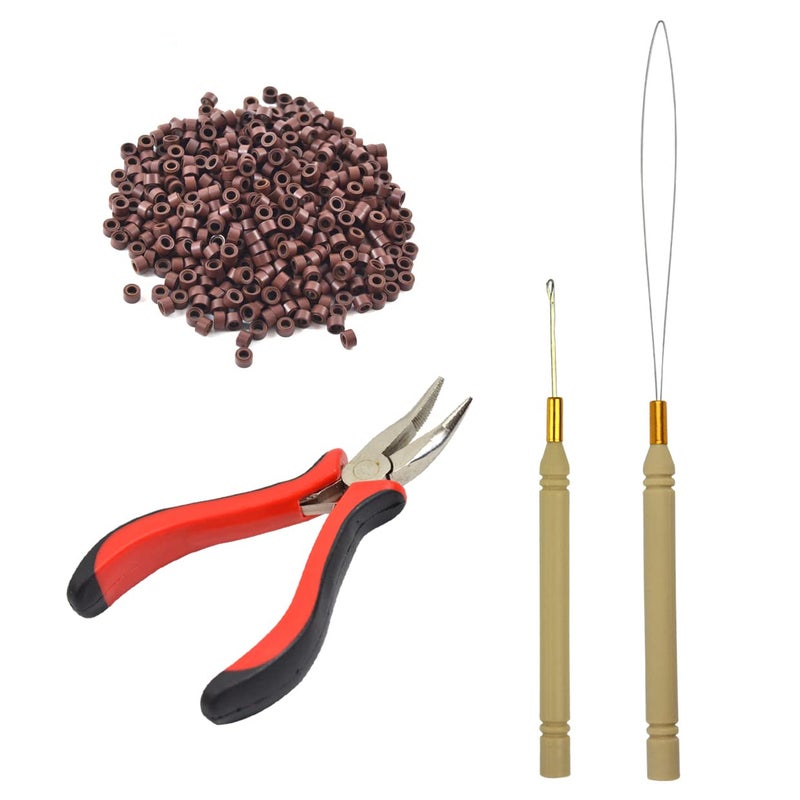 Hair Extensions Tool Kits Hair Extension Pliers Pulling Hook Needle Loop Threader 500 Pcs Micro Silicone Rings Hair Beads for Hair Styling Accessory Brown
