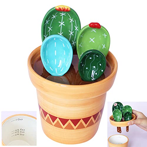 XDONEF Cactus Measuring Spoons Set in Pot Ceramic Cute Measuring Cups and Spoons Unique Baking Gifts for Dry Wet Ingredients Dishwasher Safe 1 Tbsp 1 TSP 1/2 TSP 1/4 TSP 1 Cup Blue - Image 1