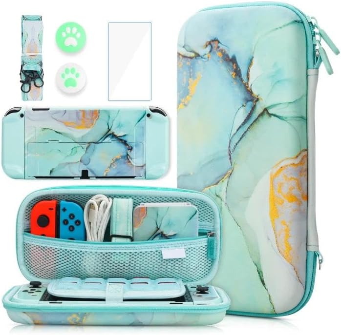 GLDRAM Green Marble Carrying Case for Nintendo Switch OLED, Portable Accessories Bundle for Travel Storage Bag, Hard Shell Protective Cover Skin, Screen Protector, Shoulder Strap & Thumb Caps - Image 1