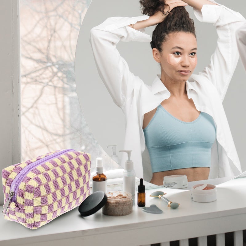 2pcs Woolen Yarn Makeup Bag Cosmetic Bag Large Capacity Checkered Travel Toiletry Bag - Image 3