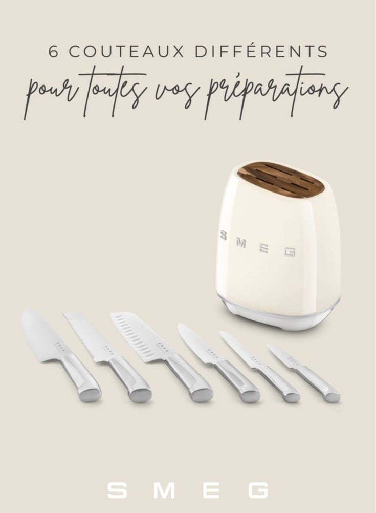 SMEG KBSF02 50'STYLE 7 PIECE KNIFE BLOCK SET -GERMAN STAINLESS STEEL,ACACIA WOOD - Image 2