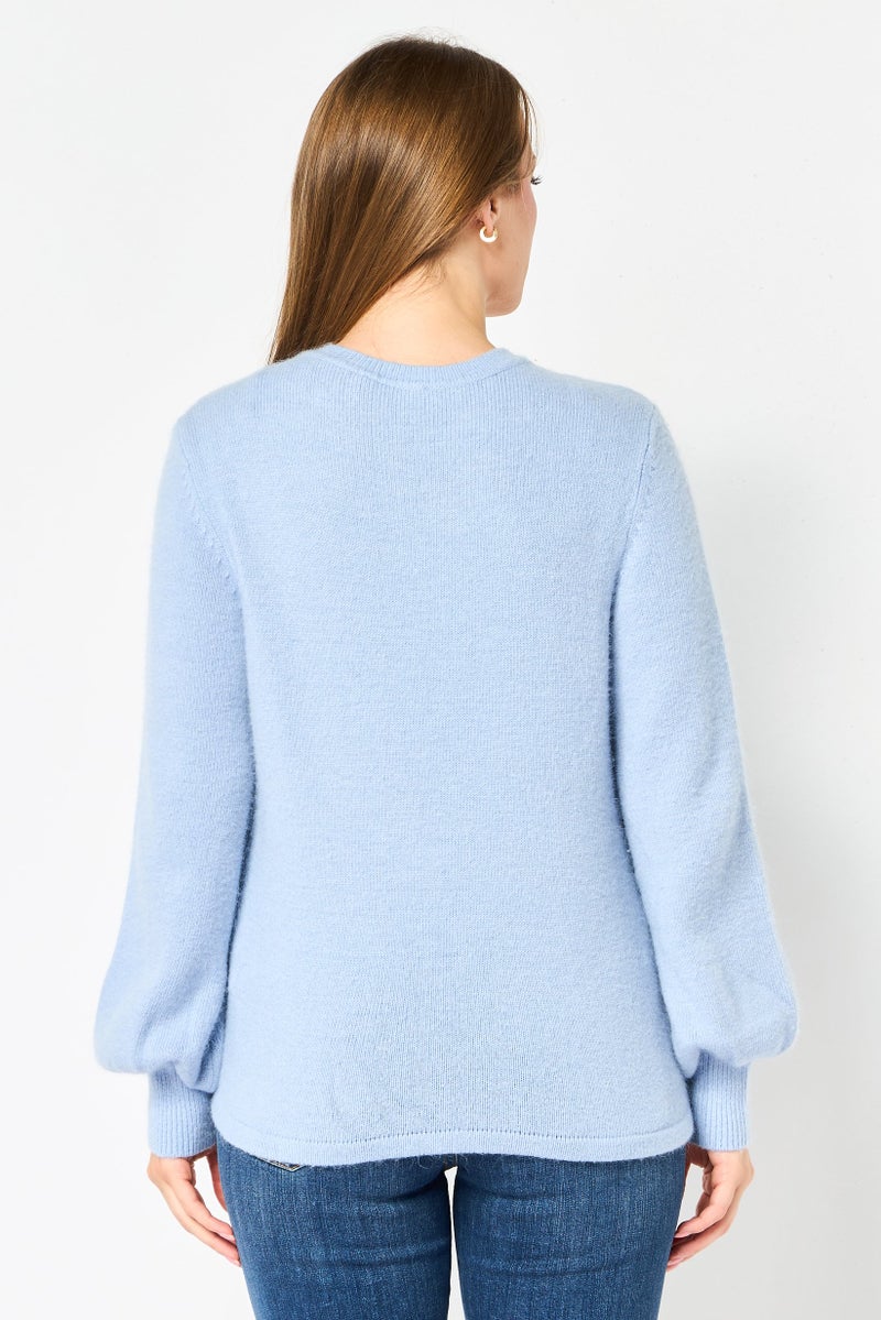 Selected Femme Women Round Neck Knitted Sweater, Light Blue - Image 4