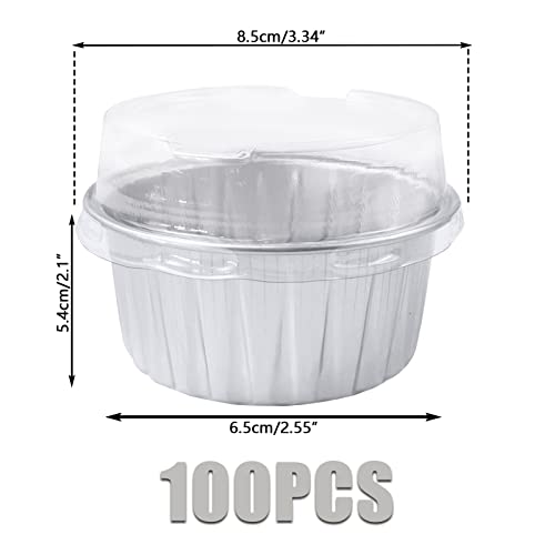 Augoog 100Pcs Aluminum Cups with Lids,5oz Disposable Ramekin Baking Cups Muffin Liners Mini Pie Pans Foil Cupcake Containers for Christmas Party Wedding,Silver - Image 2