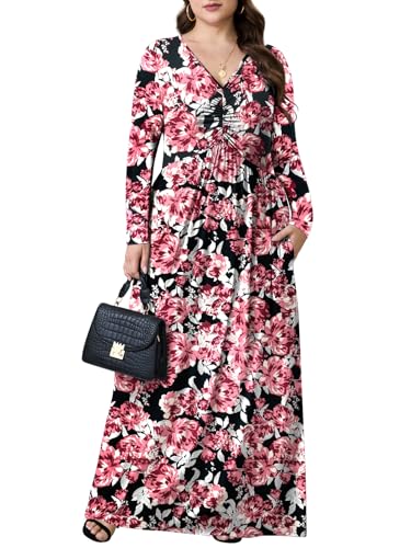 PEVRL Plus Size Maxi Dresses for Curvy Women V Neck Casual Long Dress with Pockets Dark Red Flower 2X - Image 2