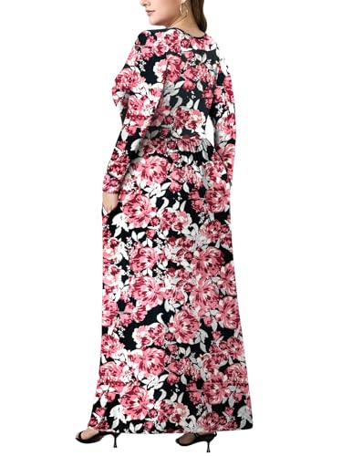 PEVRL Plus Size Maxi Dresses for Curvy Women V Neck Casual Long Dress with Pockets Dark Red Flower 2X - Image 5