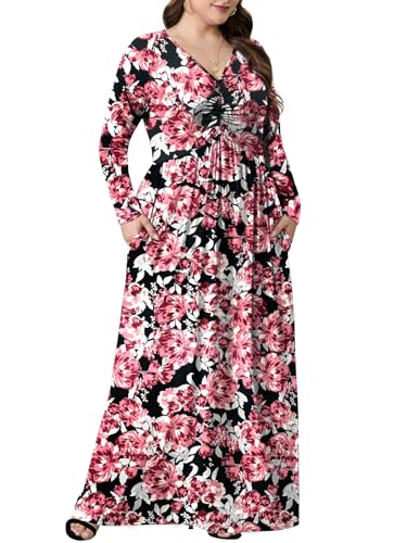 PEVRL Plus Size Maxi Dresses for Curvy Women V Neck Casual Long Dress with Pockets Dark Red Flower 2X - Image 4