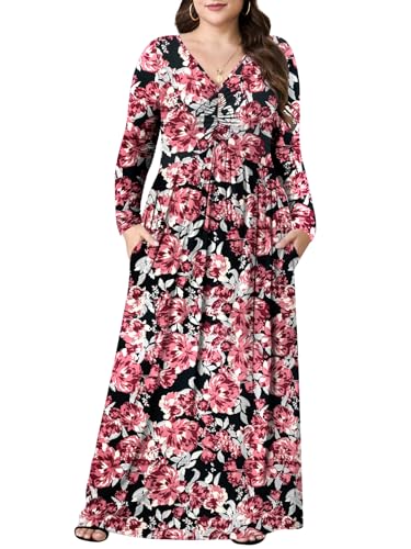 PEVRL Plus Size Maxi Dresses for Curvy Women V Neck Casual Long Dress with Pockets Dark Red Flower 2X - Image 1