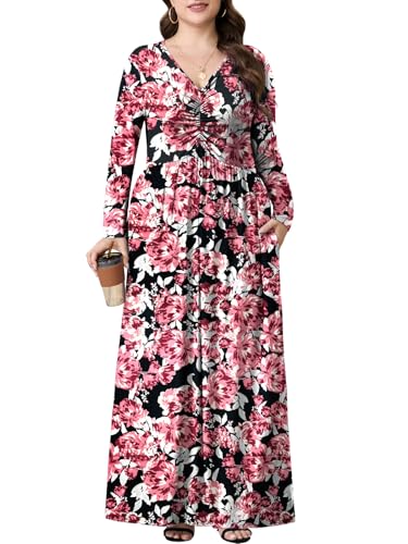 PEVRL Plus Size Maxi Dresses for Curvy Women V Neck Casual Long Dress with Pockets Dark Red Flower 2X - Image 3