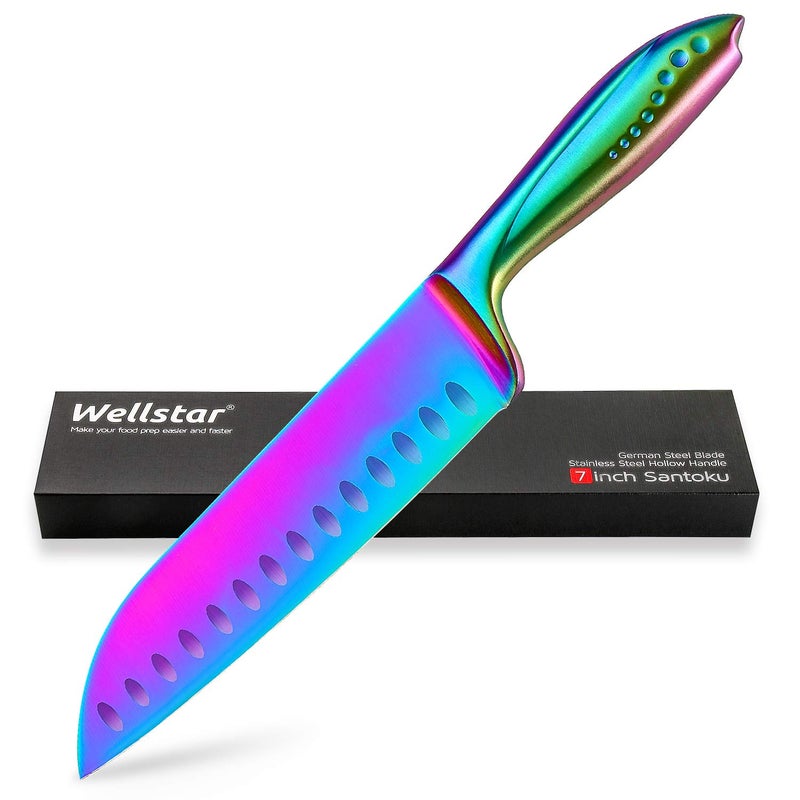 WELLSTAR Santoku Knife 7 Inch WELLSTAR Super Sharp German Steel Kitchen Cooking Knife with Comfortable Handle and Rainbow Titanium Coating for Chopping Slicing Dicing and Mincing of Meat Vegetables and Fruits