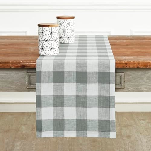 Solino Home Linen Buffalo Check Table Runner 72 inches Long - 100% Pure Linen Buffalo Plaid Grey and White Table Runner 14 x 72 Inch - Dresser Scarf Dining Table Runner for Christmas  Winter