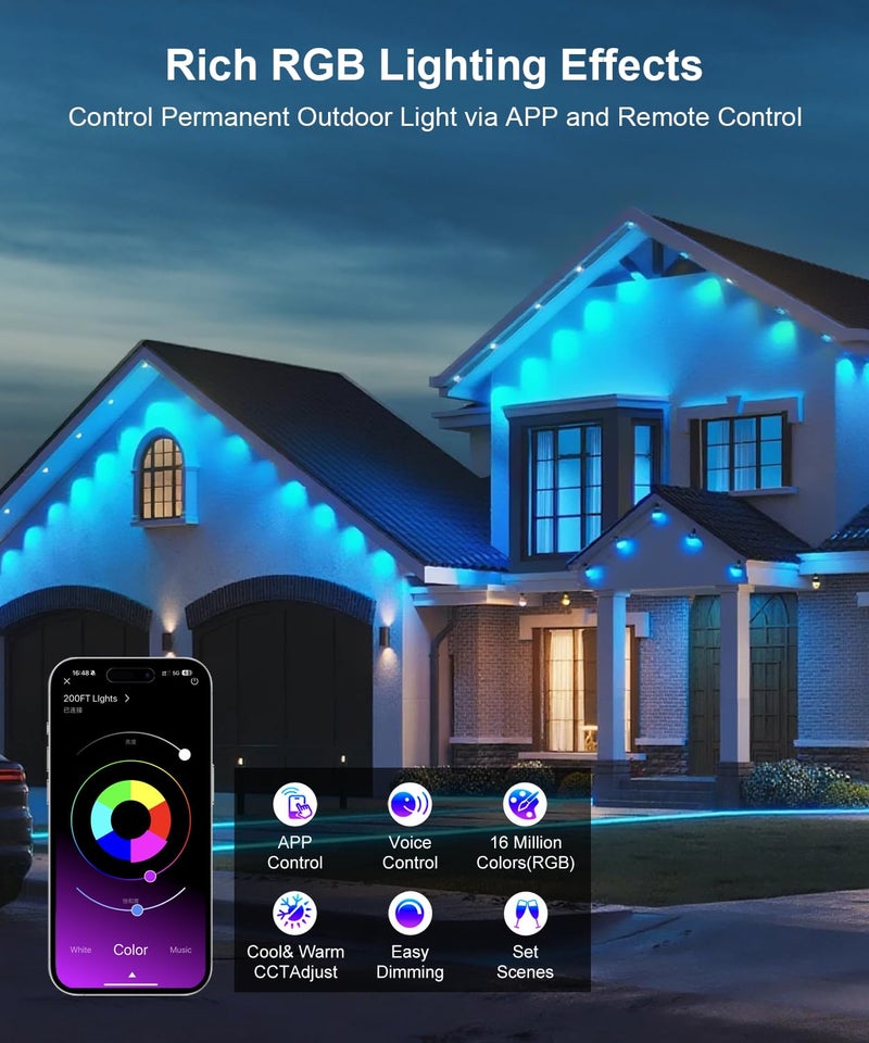 Fussion 200ft Permanent Outdoor Lights for House, 2025 Smart RGB LED Outside Lights with APP Remote Control, IP67 Waterproof Eternity Eaves Lighting for Christmas, Halloween, Holiday, Party, Daily - Image 3