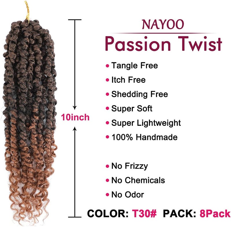 NAYOO Passion Twist Hair - 8 Packs 10 Inch Passion Twist Crochet Hair For Women, Crochet Pretwisted Curly Hair Passion Twists Synthetic Braiding Hair Extensions (10 Inch 8 Pack, T30) - Image 2
