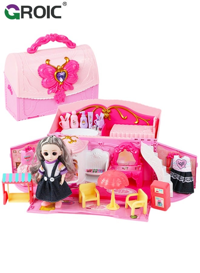 GROIC Handbag Dollhouse for kids, Doll Houses Portable Backpack with Doll Toy House with with Light and Music, 6 Figures, Playhouse Set Birthday Toys for Girls Kindergarten Toddlers  - Image 1