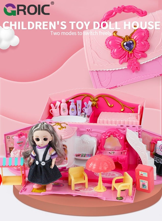 GROIC Handbag Dollhouse for kids, Doll Houses Portable Backpack with Doll Toy House with with Light and Music, 6 Figures, Playhouse Set Birthday Toys for Girls Kindergarten Toddlers  - Image 2