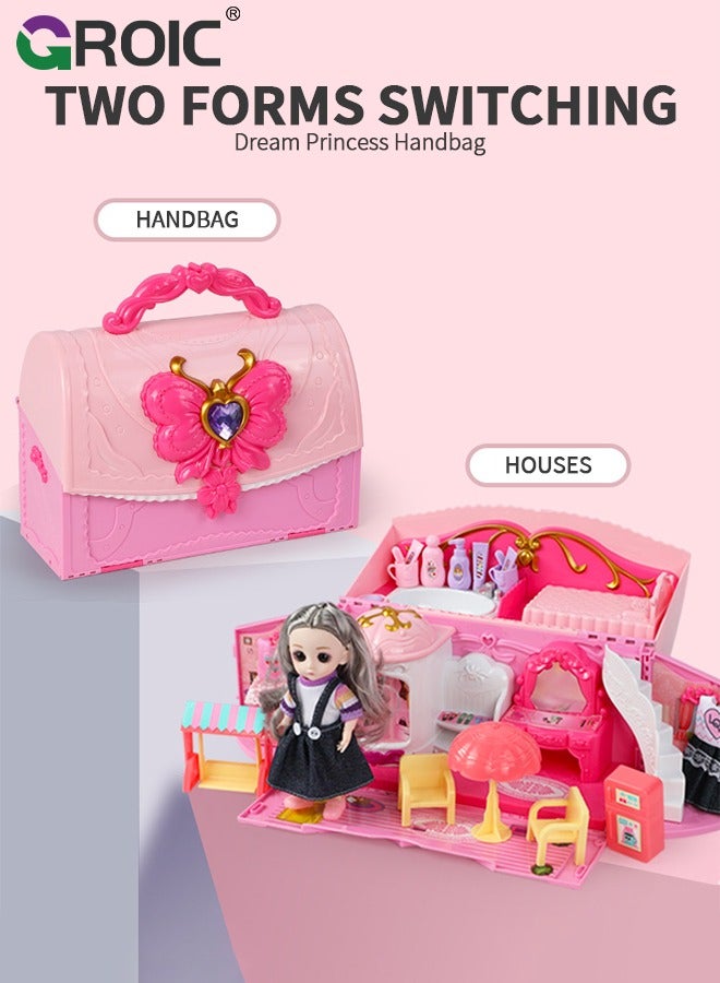 GROIC Handbag Dollhouse for kids, Doll Houses Portable Backpack with Doll Toy House with with Light and Music, 6 Figures, Playhouse Set Birthday Toys for Girls Kindergarten Toddlers  - Image 3