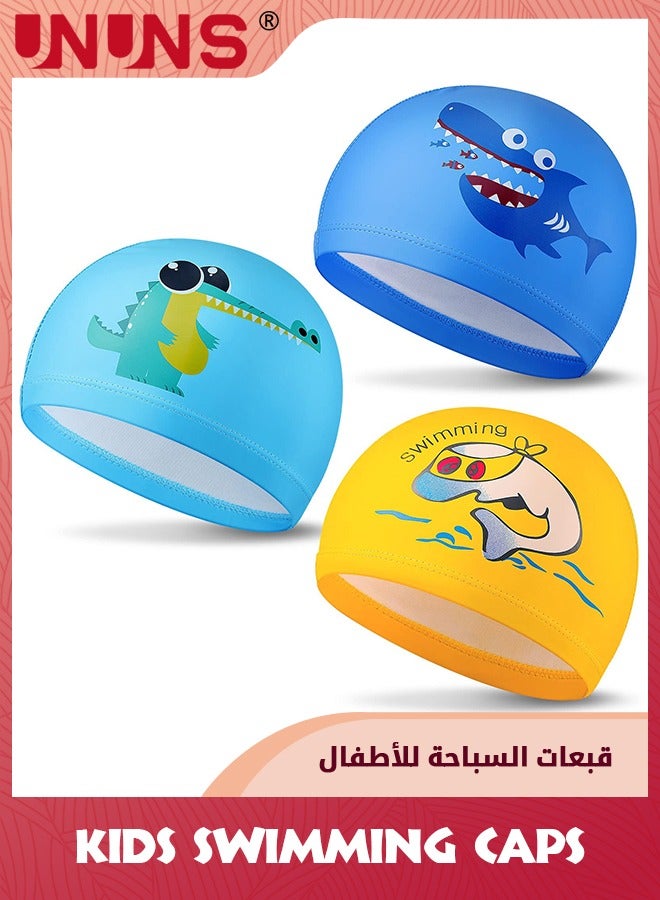 UNUNS Kids Swimming Caps,3 Pieces Swimming Hat,Waterproof Pu Swim Caps,Elastic Bathing Cap Butterfly Stroke Hats With Coating Cartoon Pattern For Children Girls Boys 5-15,3 Styles And Colors - Image 1
