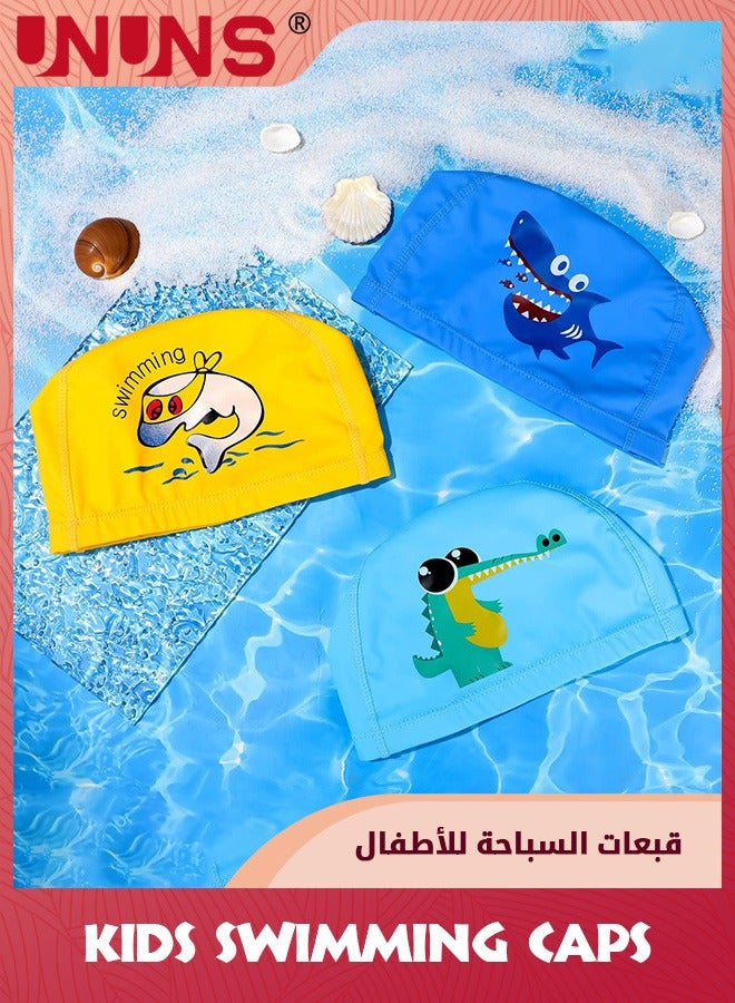 UNUNS Kids Swimming Caps,3 Pieces Swimming Hat,Waterproof Pu Swim Caps,Elastic Bathing Cap Butterfly Stroke Hats With Coating Cartoon Pattern For Children Girls Boys 5-15,3 Styles And Colors - Image 2