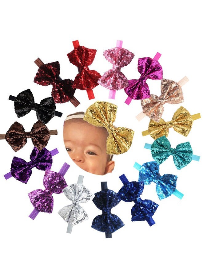 CellElection 15Pcs Baby Girls Headbands 4'' Big Boutique Bling Sparkly Glitter Sequin Hair Bows Headband Elastic Hair Bands Hair Accessories for Toddlers Infants Newborns - Image 1