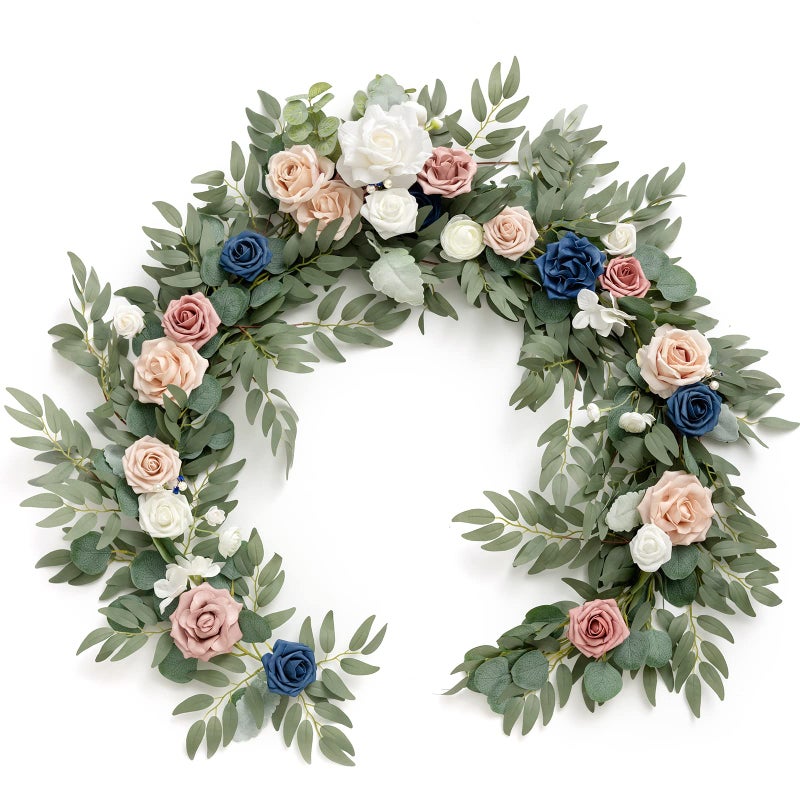 Ling's moment Lings Moment Flower Garland  6FT Eucalyptus  Rose  Sweetheart Table Decor for Wedding Reception Artificial Floral Garland for Mantle Thanksgiving Christmas Decoration Dusty Rose  Navy 
