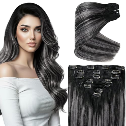 Ve Sunny Clip in Hair Extensions Real Human Hair Ombre Black to Silver Grey Balayage Hair Extensions Clip in Real Human Hair Soft Straight 14 Inch 105g 7pcs - Image 2