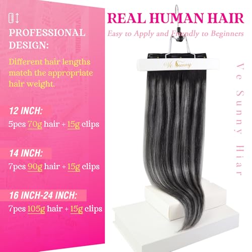 Ve Sunny Clip in Hair Extensions Real Human Hair Ombre Black to Silver Grey Balayage Hair Extensions Clip in Real Human Hair Soft Straight 14 Inch 105g 7pcs - Image 5