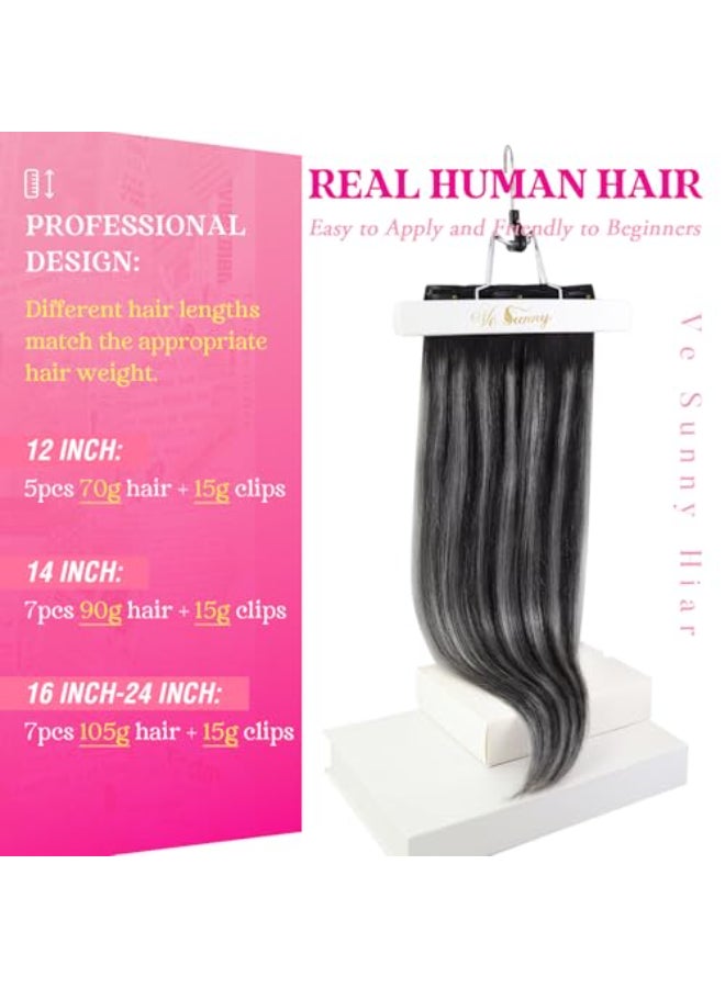 Ve Sunny Clip in Hair Extensions Real Human Hair Ombre Black to Silver Grey Balayage Hair Extensions Clip in Real Human Hair Soft Straight 14 Inch 105g 7pcs - Image 4