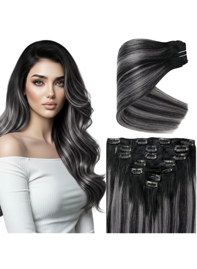 Ve Sunny Clip in Hair Extensions Real Human Hair Ombre Black to Silver Grey Balayage Hair Extensions Clip in Real Human Hair Soft Straight 14 Inch 105g 7pcs - Image 3