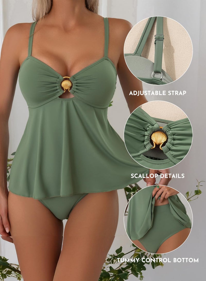 Aleumdr Flowy Tankini Swimsuit for Women 2 Piece Bathing Suit Tummy Control Bandeau Swim Tank Top with Shorts Jungle Green Large - Image 5