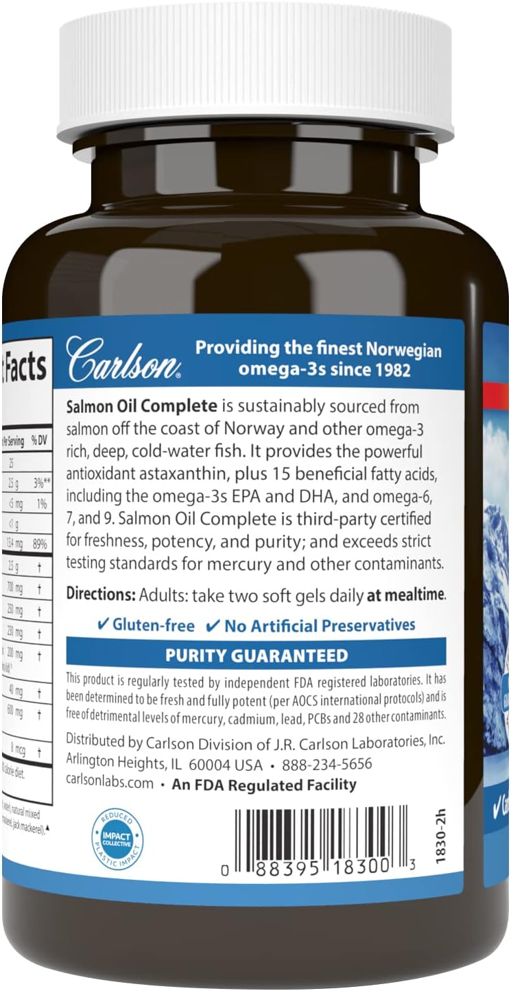Carlson  Salmon Oil Complete 700 mg Omega3s  Astaxanthin Cardiovascular Support Brain Function  Joint Health 60 Softgels - Image 3