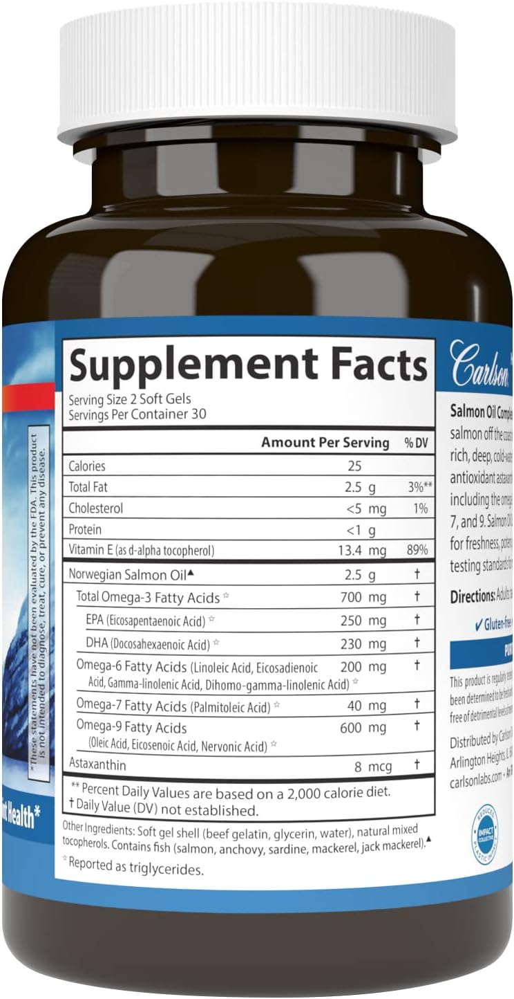 Carlson  Salmon Oil Complete 700 mg Omega3s  Astaxanthin Cardiovascular Support Brain Function  Joint Health 60 Softgels - Image 2