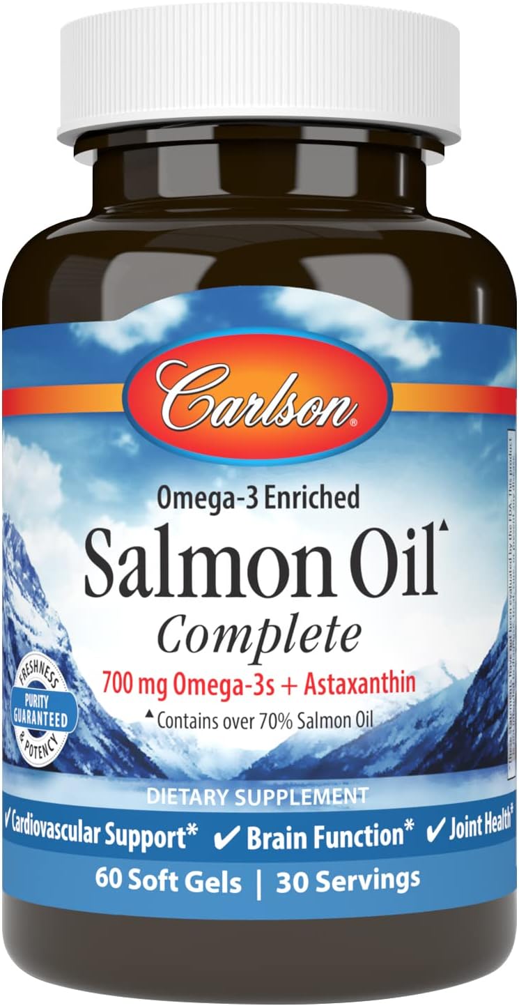 Carlson  Salmon Oil Complete 700 mg Omega3s  Astaxanthin Cardiovascular Support Brain Function  Joint Health 60 Softgels - Image 1