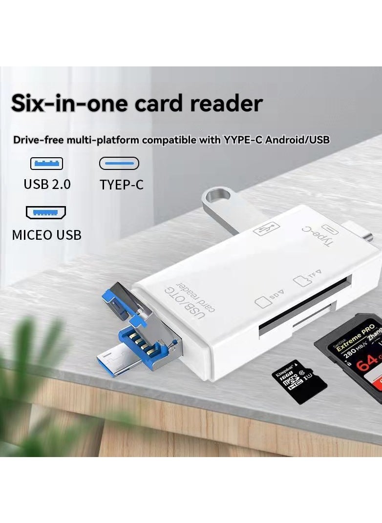 JEEJPV 6-in-1 SD Card Reader Micro SD Card Reader for Android, Micro SD Card to USB Adapter, USB C SD Card Reader for Camera Memory Card Reader (White) 