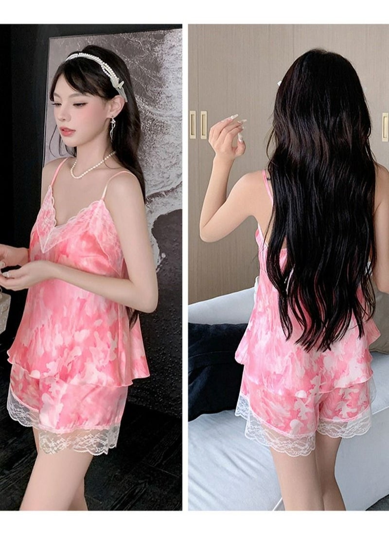 Loquat - Women's Lace Stitching 2-Piece Set Nightgown Printed Camisole Tops And Shorts Soft Lingerie Sleepwear Suit - Image 1