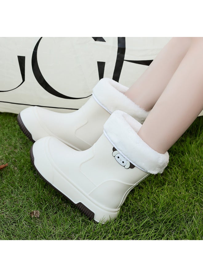 Style Cute Short Rain Boots For Women, Non-slip Outdoor Rubber Boots, Thick-soled Water Shoes With Fleece, Short Student Rain Boots