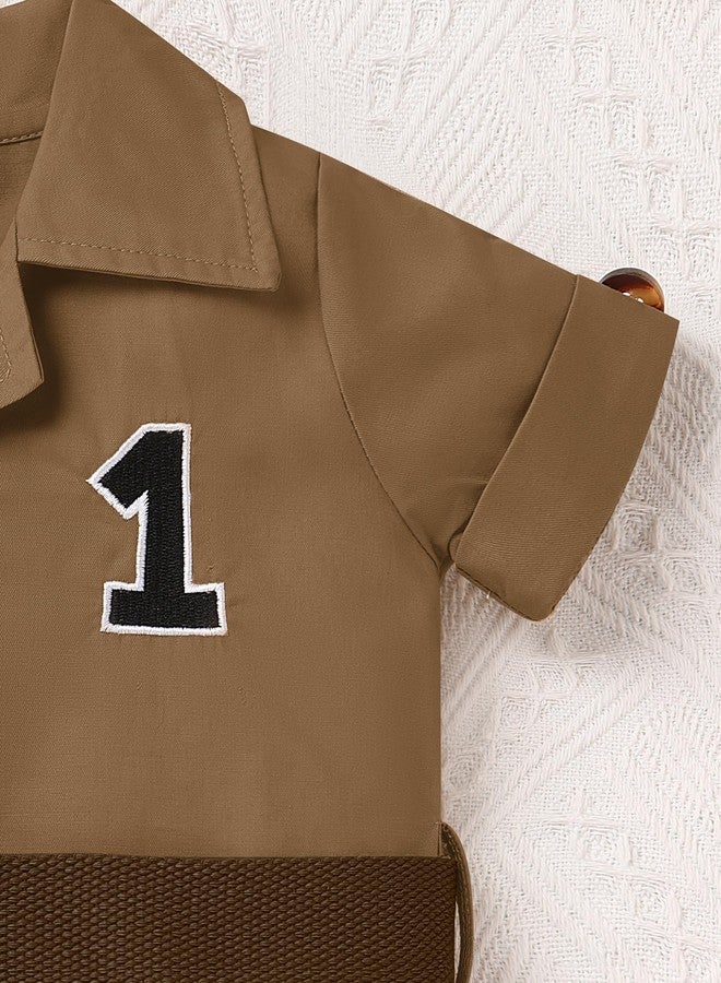 OBEEII Infant Baby Boys Safari Outfit Explorer Wild Birthday Short Sleeve T-shirt Top Shorts Set Animals Zoo Keeper Jungle Cake Smash Photoshoot Outfits + Hat + Belt 5 Pieces Set Brown 12-18 Months - Image 4