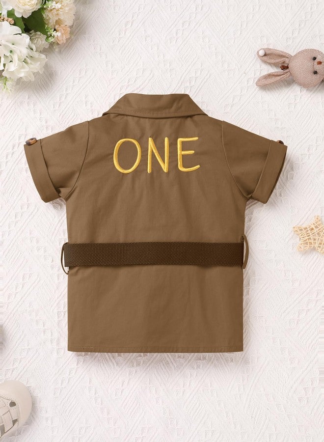 OBEEII Infant Baby Boys Safari Outfit Explorer Wild Birthday Short Sleeve T-shirt Top Shorts Set Animals Zoo Keeper Jungle Cake Smash Photoshoot Outfits + Hat + Belt 5 Pieces Set Brown 12-18 Months - Image 3