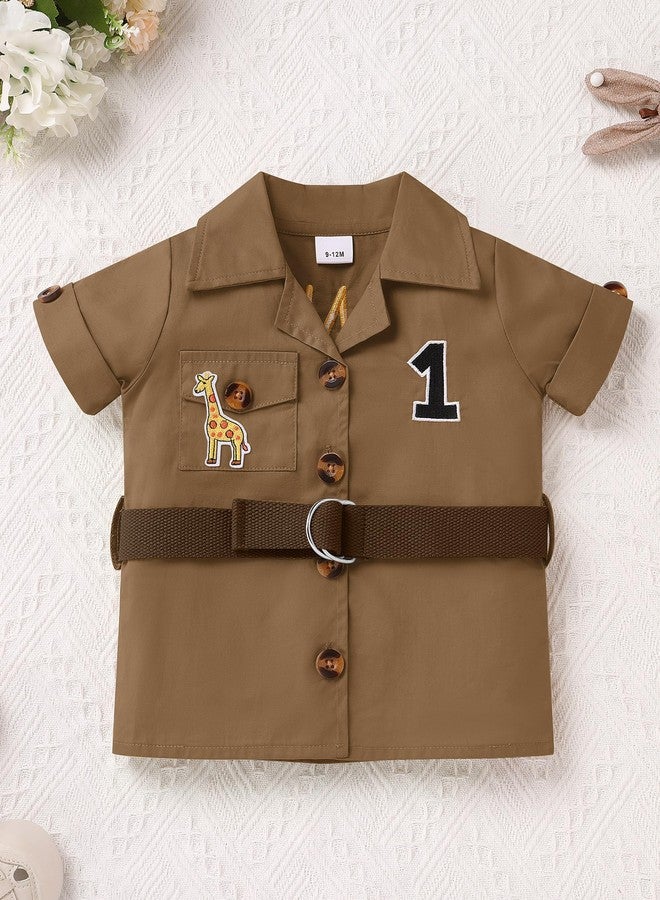 OBEEII Infant Baby Boys Safari Outfit Explorer Wild Birthday Short Sleeve T-shirt Top Shorts Set Animals Zoo Keeper Jungle Cake Smash Photoshoot Outfits + Hat + Belt 5 Pieces Set Brown 12-18 Months - Image 2