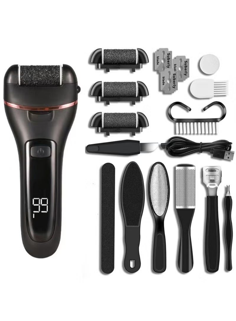 مجموعة أدوات إزالة الكالو الكهربائية للقدمين، أداة باديكير قابلة لإعادة الشحن، مجموعة أدوات إزالة الكالو الكل في واحد لإزالة الجلد المتشقق والميت من الكعبين مع 3 رؤوس أسطوانية وشاشة عرض للبطارية بسرعتين ﻿ - Image 1