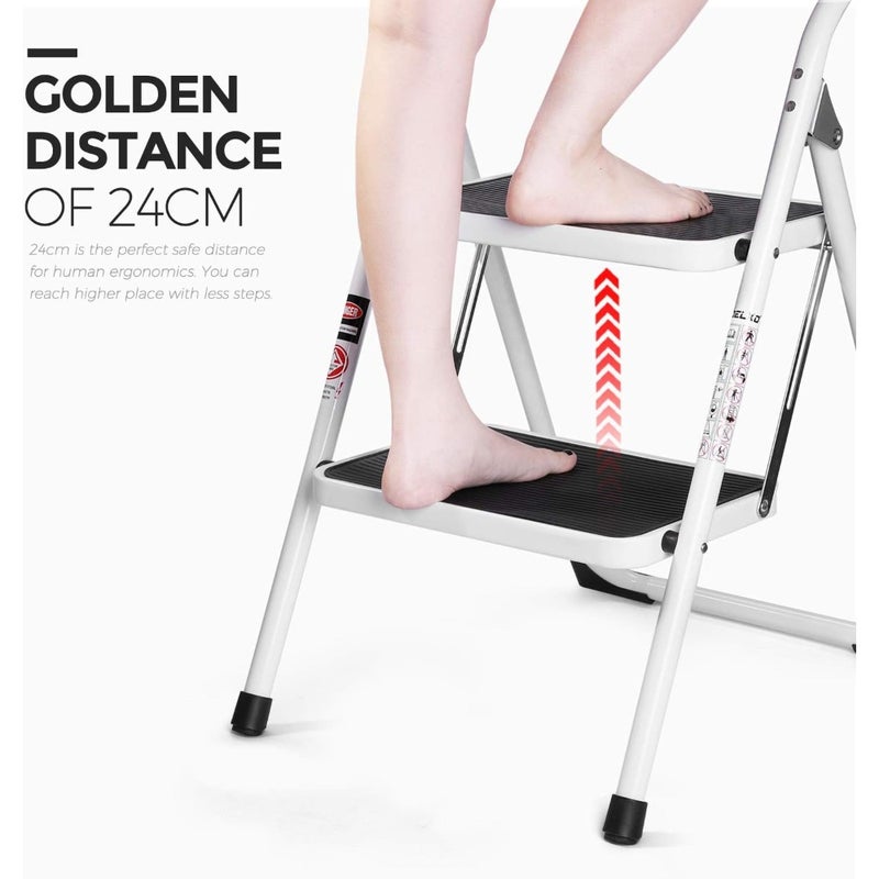 2-Step Folding Stool Steel Stepladder with Handgrip Anti-Slip Wide Pedal Sturdy 330 lbs Capacity White and Black Combo 2-Foot Height - Image 3