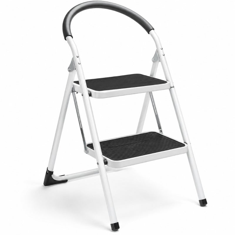 2-Step Folding Stool Steel Stepladder with Handgrip Anti-Slip Wide Pedal Sturdy 330 lbs Capacity White and Black Combo 2-Foot Height - Image 1